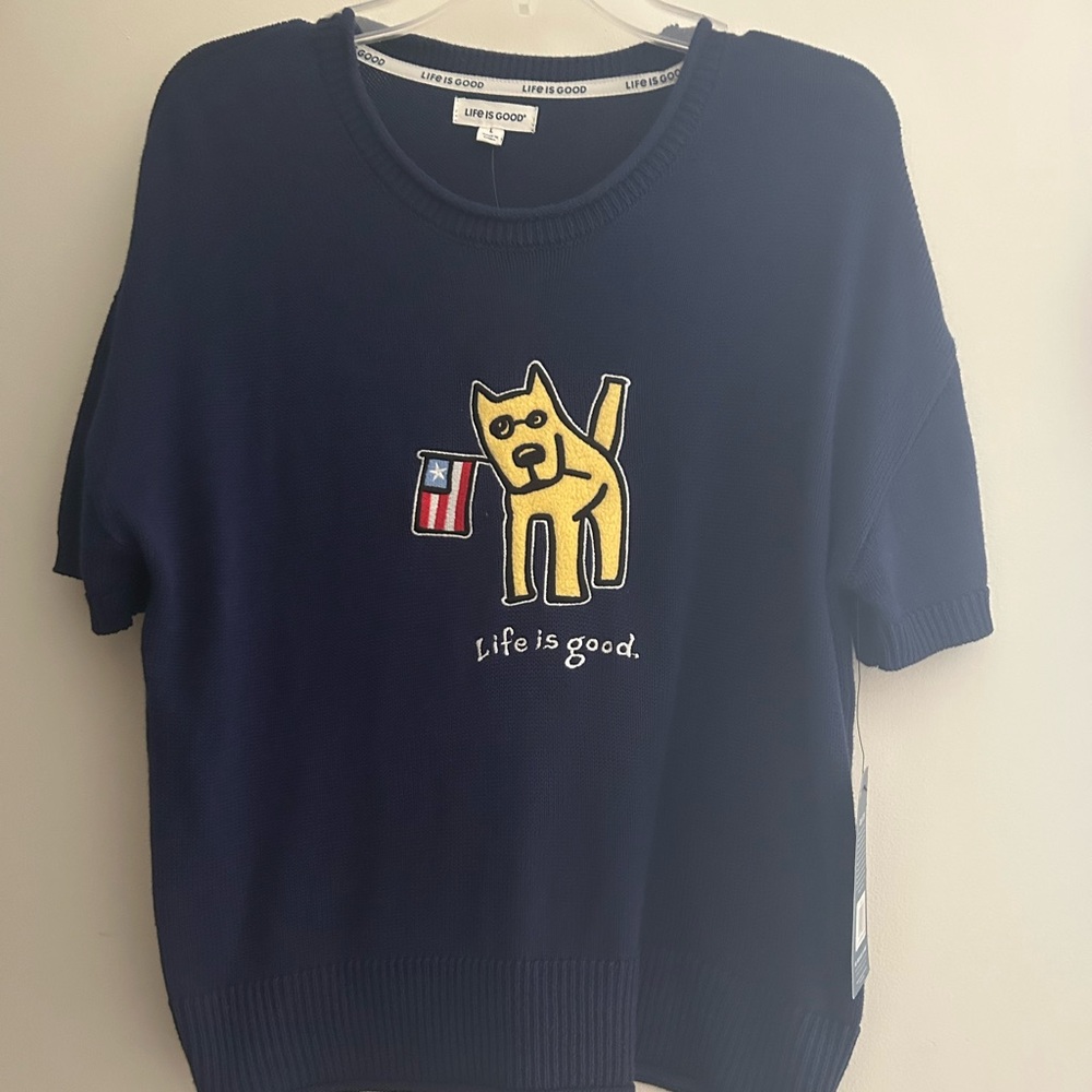 NWT Life is Good Short Sleeve Sweater Navy Blue Rocket Dog with Flag Women’s L